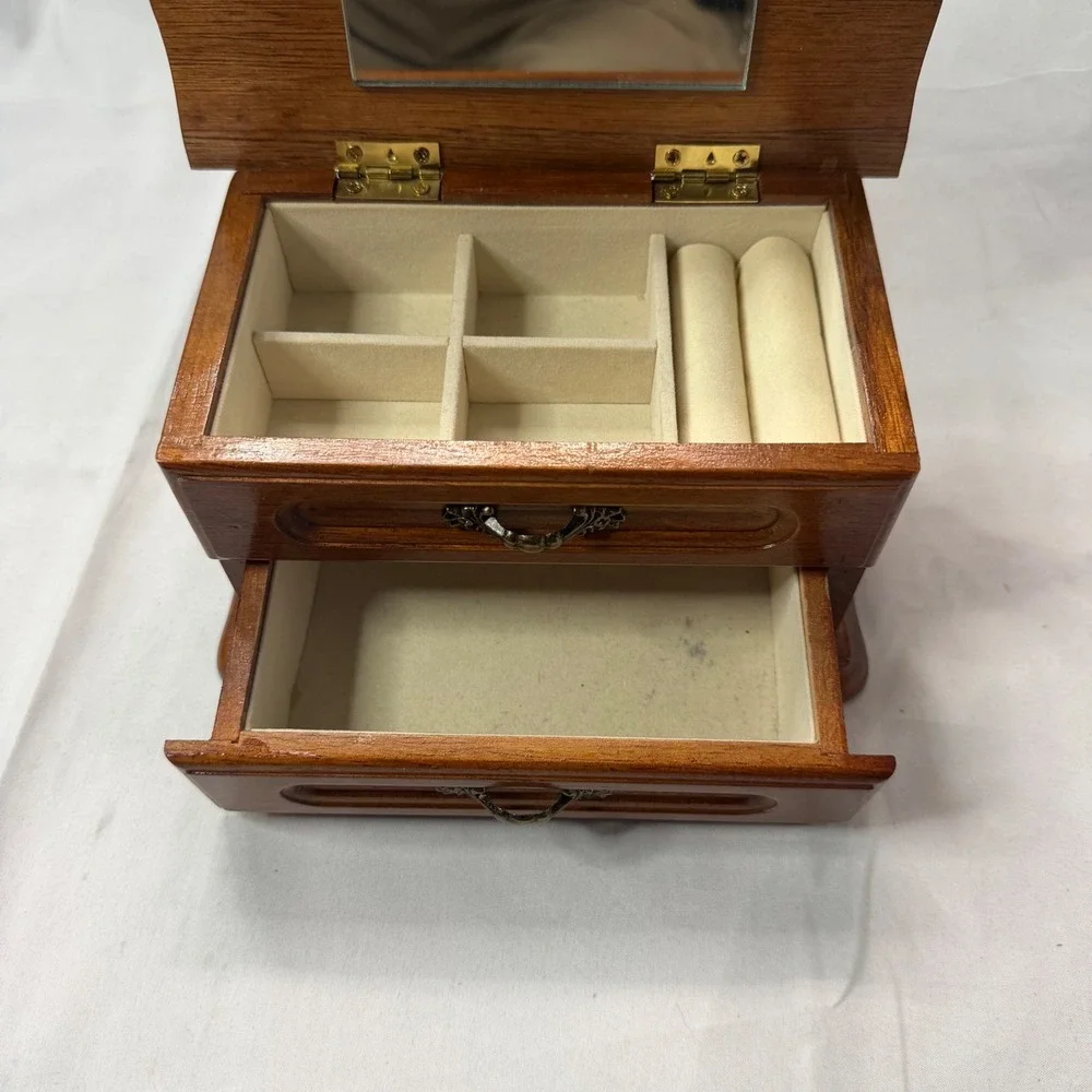 Vintage Wooden Jewelry Box with Mirror Ring Rolls and Drawer Brown Wood Finish